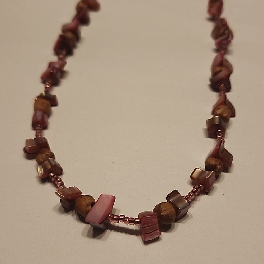 Pink Shell And Nut Necklace With Pink Seed Beads